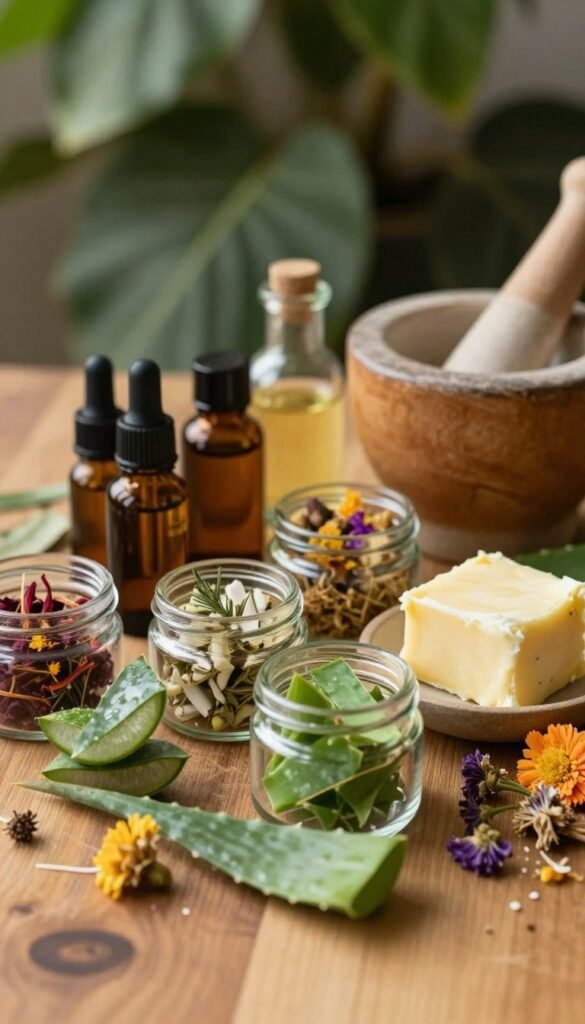 A close-up view of a beautifully arranged collection of natural skincare ingredients, showcasing vibrant, colorful elements such as aloe vera, shea butter, essential oils, and herbs, all displayed on a wooden surface. The foreground includes small glass jars filled with the ingredients, while a rustic mortar and pestle rests nearby. In the middle ground, scatter dried flowers and leaves for texture. The background features softly blurred green plants, creating a serene and organic atmosphere. The lighting is warm and inviting, casting gentle shadows to enhance the textures and colors. The overall mood conveys a sense of harmony and authenticity, reflecting a Pinterest-inspired aesthetic. Include the brand name "KüchenKiste" discreetly on one of the jars.
