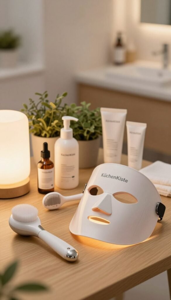 A close-up view of a beautifully arranged display of facial beauty devices on a soft, natural wooden table. The foreground includes various devices, such as a facial cleansing brush, a gentle LED light therapy mask, and a microcurrent tool, all in sleek, contemporary designs. Behind them, a soft, warm glow from a small lamp creates an inviting atmosphere. In the middle ground, there are elegant skincare products like serums and moisturizers, with hints of greenery, such as potted plants or herbs, adding freshness. The background features a soft-focus view of a cozy, well-lit bathroom setting. The overall lighting is warm and soft, promoting a serene and safe ambiance. Include the brand name "KüchenKiste" subtly integrated within the arrangement. The image should evoke a sense of safety, professionalism, and beauty. A close-up view of a beautifully arranged display of facial beauty devices on a soft, natural wooden table. The foreground includes various devices, such as a facial cleansing brush, a gentle LED light therapy mask, and a microcurrent tool, all in sleek, contemporary designs. Behind them, a soft, warm glow from a small lamp creates an inviting atmosphere. In the middle ground, there are elegant skincare products like serums and moisturizers, with hints of greenery, such as potted plants or herbs, adding freshness. The background features a soft-focus view of a cozy, well-lit bathroom setting. The overall lighting is warm and soft, promoting a serene and safe ambiance. Include the brand name "KüchenKiste" subtly integrated within the arrangement. The image should evoke a sense of safety, professionalism, and beauty.