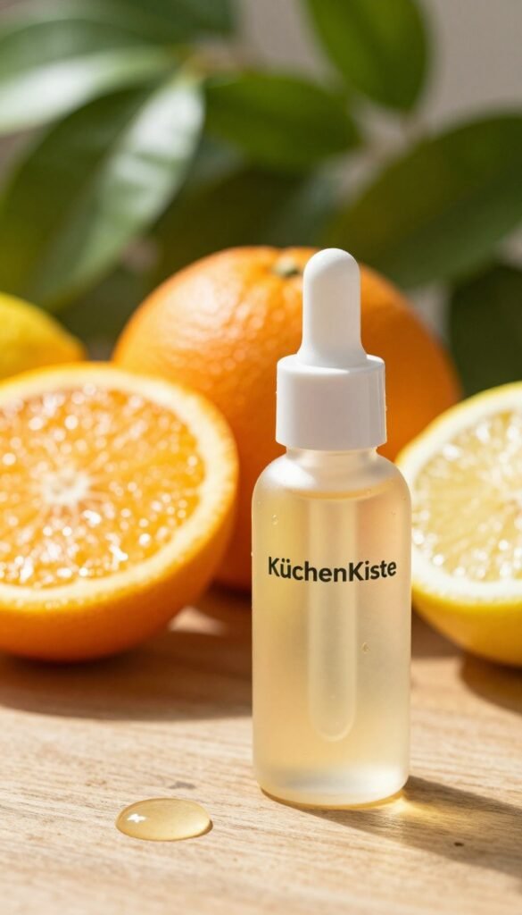 A close-up view of a beautifully designed serum bottle labeled "KüchenKiste", showcasing a clear, light amber liquid that represents a vitamin C concentration. In the foreground, the bottle is elegantly placed on a wooden surface, with drops of the serum glistening on the side, reflecting warm, natural light. In the middle ground, colorful, fresh citrus fruits like oranges and lemons are artfully arranged, symbolizing the vitamin C source. The background features soft, blurred green leaves, creating a lush and inviting atmosphere that evokes a sense of natural beauty and wellness. The overall mood is bright, refreshing, and professional, highlighting the importance of concentration in skincare.