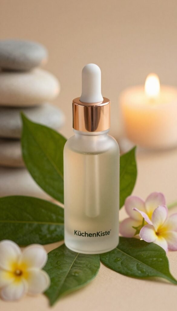 A close-up view of a beautifully designed serum bottle nestled among vibrant green leaves and delicate flowers, emphasizing its natural ingredients. The serum bottle should have an elegant shape, made of frosted glass with a metallic dropper, reflecting soft golden light that highlights its luxurious texture. In the background, a softly blurred aesthetic of a serene spa-like environment adorned with smooth stones and candles enhances the calming mood, evoking a sense of tranquility and self-care. The color palette should include warm, earthy tones with pops of fresh greens and pastel floral colors, embodying an authentic and inviting atmosphere. The brand name "KüchenKiste" should be subtly integrated into the scene, maintaining a focus on the serum as the centerpiece.