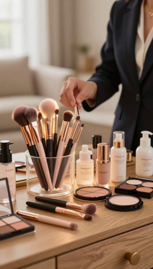 A close-up view of a beautifully organized beauty tool set, featuring high-quality brushes, palettes, and skincare products, meticulously arranged atop a stylish wooden vanity. In the foreground, a soft, ethereal glow highlights the elegant tools, showcasing their fine textures and vibrant colors. The middle ground includes a hand gently reaching for a makeup brush, dressed in professional business attire with dainty accessories, emphasizing practicality and elegance. The background features a warm, softly blurred living space, infused with light from a nearby window, adding depth and warmth to the scene. The overall mood is inviting and sophisticated, with Pinterest-inspired aesthetics, focusing on authenticity and a cozy atmosphere. The brand name "Ordnungskiste" is subtly incorporated into the scene, harmonizing with the arrangement, without any text or logos visible.