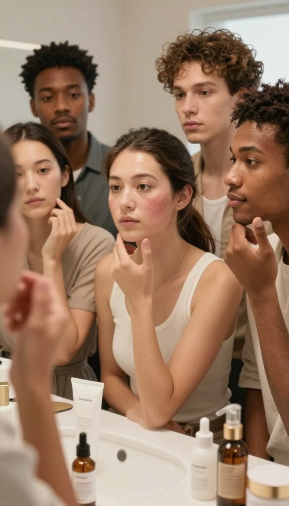 A close-up view of a diverse group of individuals examining their skin types, portraying a range of skin tones and types: dry, oily, sensitive, and blemished. Each person is looking at their reflection in a well-lit, modern bathroom setting, showcasing natural beauty with warm color tones. The foreground features a mirror and skincare products neatly arranged, emphasizing a thoughtful approach to skincare. In the middle ground, the individuals are dressed in professionally modest casual attire, displaying a mix of expressions from curiosity to contemplation. The background is softly blurred to highlight the subjects while maintaining a cozy, inviting atmosphere, reminiscent of a Pinterest aesthetic. The scene should evoke a sense of authenticity and self-care. Include subtle branding elements of "KüchenKiste" within the setting, ensuring it blends harmoniously without dominating the image.