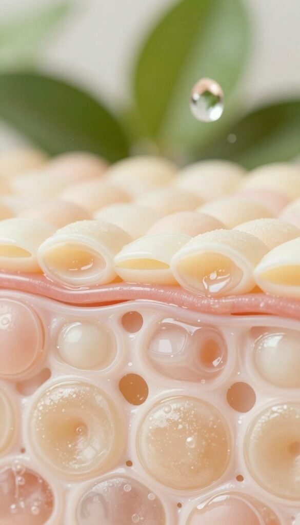 A close-up view of a healthy skin barrier, focusing on layers of skin cells that showcase their texture and hydration levels, symbolizing the effects of Niacinamide. The foreground features a smooth, radiant skin surface with soft, natural lighting highlighting the subtle glow. In the middle ground, show microscopic views of skin cells with visible moisture retention, blending soft pastels like light peach and creamy beige for warmth. The background should be softly blurred, depicting organic elements like leaves or water droplets, creating a fresh and natural atmosphere. The scene should reflect a soothing and inviting mood, reminiscent of a Pinterest aesthetic. Incorporate elements subtly branded as "KüchenKiste" in the design without overt text.
