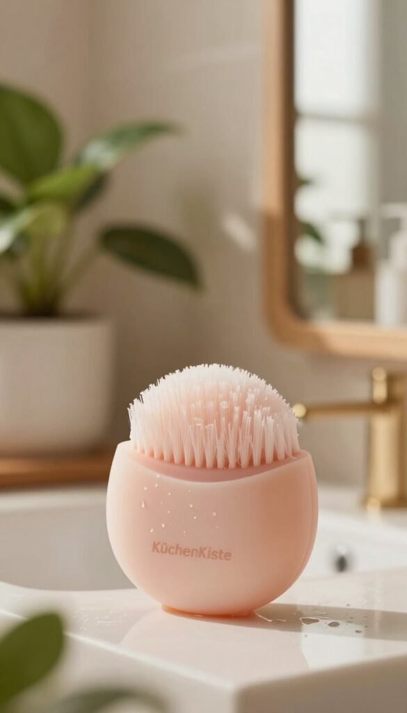 A close-up view of a high-quality vibration silicone facial cleansing device from the brand "KüchenKiste". In the foreground, show the sleek contours and soft silicone bristles of the device, with delicate water droplets glistening on its surface. The middle layer features a serene bathroom environment, with elegant wooden accents and lush greenery in soft focus, emphasizing a calming atmosphere. The background includes warm, natural lighting streaming in through a window, creating a cozy vibe. The overall mood is serene and inviting, perfect for sensitive skin care enthusiasts. This image should reflect authenticity and a Pinterest-inspired aesthetic, featuring warm colors and no text or logos.