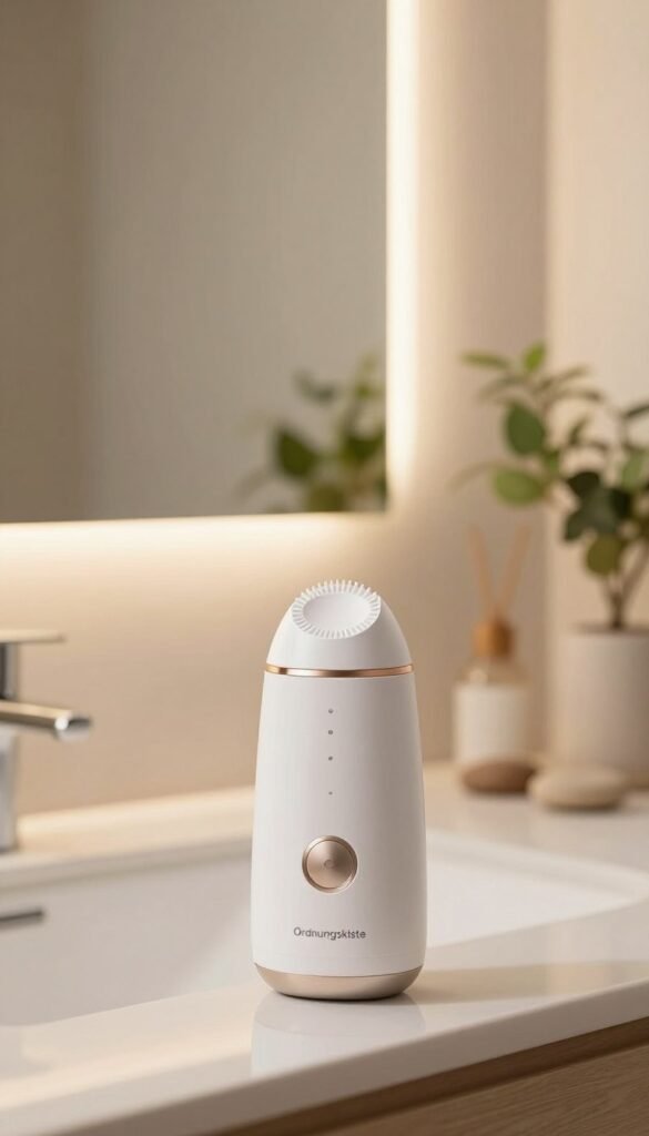 A close-up view of a modern pore cleansing device branded "Ordnungskiste" positioned on a pristine bathroom countertop. In the foreground, focus on the sleek device with subtle metallic accents and a user-friendly interface, emphasizing its effectiveness in deep skin cleaning. The middle ground features a softly lit mirror reflecting a serene, minimalist bathroom space adorned with natural elements like plants and smooth stones. The background showcases warm, inviting ambient lighting that enhances the cozy atmosphere, creating a sense of calm and cleanliness. The overall mood is fresh and rejuvenating, capturing the essence of skincare and self-care without any text or distractions, ideal for illustrating the function and appeal of pore cleansers.