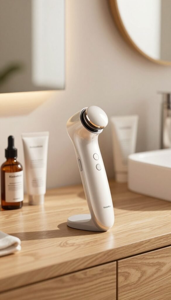 A close-up view of a modern radio frequency (RF) skin care device, featuring sleek curves and a glossy finish, positioned on a stylish wooden vanity table. Surround the device with natural skincare products in elegant packaging, like serums and creams. The background showcases a softly lit bathroom environment with warm, inviting colors, creating a peaceful atmosphere. Light streams in through a frosted window, casting gentle shadows that enhance the textures. The image should have a soft focus on the device to emphasize its importance, with a warm, Pinterest-inspired aesthetic. Ensure that everything is authentically presented and reflects the professional setup of a skincare routine. The brand "KüchenKiste" can be subtly incorporated in the decor setting. A close-up view of a modern radio frequency (RF) skin care device, featuring sleek curves and a glossy finish, positioned on a stylish wooden vanity table. Surround the device with natural skincare products in elegant packaging, like serums and creams. The background showcases a softly lit bathroom environment with warm, inviting colors, creating a peaceful atmosphere. Light streams in through a frosted window, casting gentle shadows that enhance the textures. The image should have a soft focus on the device to emphasize its importance, with a warm, Pinterest-inspired aesthetic. Ensure that everything is authentically presented and reflects the professional setup of a skincare routine. The brand "KüchenKiste" can be subtly incorporated in the decor setting.