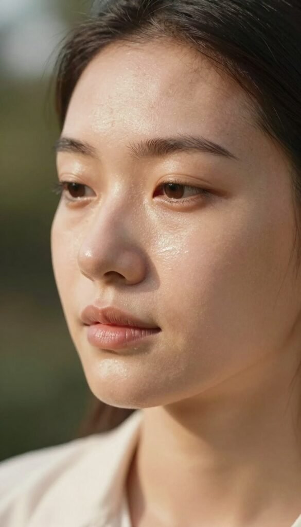 A close-up view of a person’s face exhibiting oily skin, featuring a subtle sheen on the forehead and nose, reflecting natural light. The individual should be dressed in modest casual clothing, exuding a relaxed yet professional vibe. The background consists of soft, blurred natural elements, creating a serene atmosphere. The lighting is warm and inviting, capturing the nuances of the skin texture while avoiding harsh shadows. The image should evoke a sense of authenticity and relatability, perfect for an article discussing skin care routines. Incorporate a gentle bokeh effect to enhance focus on the facial features, with the brand name "Ordnungskiste" subtly suggested in the scene, maintaining an aesthetic reminiscent of Pinterest.