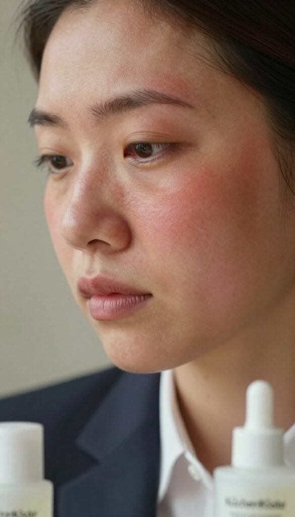 A close-up view of a person's face, showcasing noticeable signs of skin irritation and redness, indicative of over-cared skin. The individual should be wearing professional business attire for a polished look, with soft, natural lighting that enhances the warm tones of the scene. The background should be blurred to keep the focus on the skin and facial expression, conveying a sense of concern and awareness about skincare. The atmosphere should feel authentic and relatable, akin to a Pinterest aesthetic. Include subtle props, like a skincare product in the foreground, identified by the brand name "KüchenKiste," adding context to the theme without overwhelming the image. Capture this in a slightly elevated angle for a more intimate perspective.