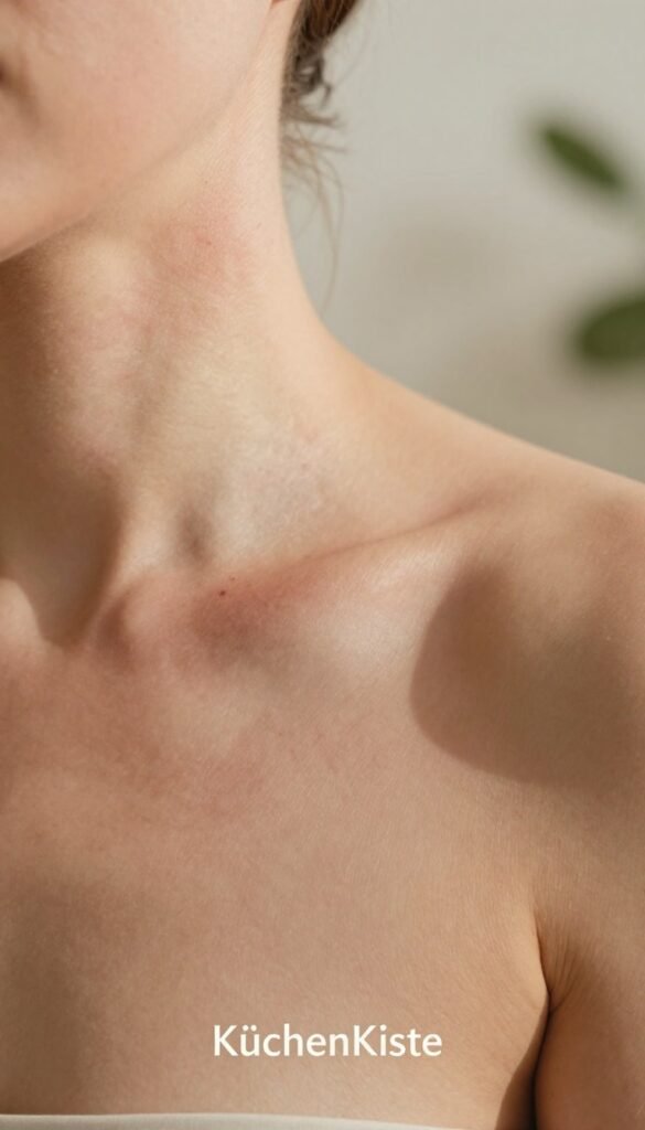 A close-up view of a person's skin, focusing on the texture and condition that indicates a compromised skin barrier. The foreground features a model with clear, modest skin showing irritation and dryness, framed in warm, natural lighting that enhances the skin's details. The midground includes soft shadows to add depth, creating a feeling of vulnerability and authenticity. The background is softly blurred with gentle natural elements, like soothing plants or a clean, minimalistic setting, evoking a calm atmosphere. The image should appear visually appealing and professional, with a Pinterest-inspired aesthetic. Include a subtle overlay or branding of "KüchenKiste" in a tasteful manner, without any text or logos that detract from the main subject.