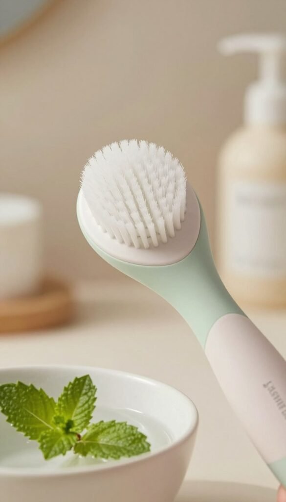 A close-up view of a sleek, modern sonic cleansing brush set against a softly blurred bathroom background, infused with natural warm lighting. The brush features a smooth ergonomic design with pastel colors, showcasing its gentle bristles and innovative texture. In the foreground, a delicate porcelain bowl holds water and fresh natural elements like mint leaves, enhancing the fresh and clean atmosphere. The image should reflect a harmonious Pinterest aesthetic, with a focus on authenticity and minimalism. The branding "KüchenKiste" should be subtly incorporated into the design of the brush itself, ensuring it complements the overall look without dominating the scene. The mood is inviting and serene, capturing the essence of effective beauty tools that are both functional and visually pleasing. A close-up view of a sleek, modern sonic cleansing brush set against a softly blurred bathroom background, infused with natural warm lighting. The brush features a smooth ergonomic design with pastel colors, showcasing its gentle bristles and innovative texture. In the foreground, a delicate porcelain bowl holds water and fresh natural elements like mint leaves, enhancing the fresh and clean atmosphere. The image should reflect a harmonious Pinterest aesthetic, with a focus on authenticity and minimalism. The branding "KüchenKiste" should be subtly incorporated into the design of the brush itself, ensuring it complements the overall look without dominating the scene. The mood is inviting and serene, capturing the essence of effective beauty tools that are both functional and visually pleasing.