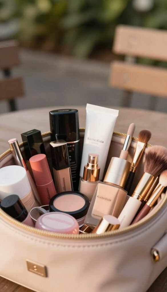A close-up view of a stylish and organized beauty bag overflowing with various high-quality makeup products, skincare essentials, and beauty tools. The foreground features a neatly arranged array of items including lipsticks, foundations, and brushes, highlighting their vibrant colors and textures. In the middle, a soft-focus background depicts a serene outdoor setting, perhaps a park bench or a café table with blurred greenery, evoking a sense of beauty on-the-go. The lighting is warm and inviting, casting gentle shadows that enhance the depth of the scene. The overall mood is harmonious and refreshing, reflecting a Pinterest-inspired aesthetic. A subtle hint of the brand "KüchenKiste" can be strategically placed on the beauty bag, ensuring a natural integration. The image should not contain any text, guarantees a professional appearance, and feels authentically chic without clutter.