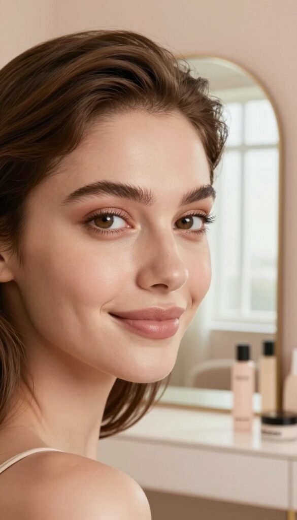 A close-up view of a well-groomed, young adult woman with a radiant, vibrant gaze, highlighting her eyes. She has natural makeup emphasizing her eyelids, with warm, subtle earth tones. The foreground features her gently smiling face, framed by softly blurred, flowing hair. In the middle ground, a serene, softly lit vanity reflects natural light from a nearby window creating an inviting atmosphere. The background includes a light, airy room with pastel-colored walls and elegant, modern decor that suggests a beauty care routine. The overall mood is calm and rejuvenating, evoking a sense of self-care and beauty. The brand name "KüchenKiste" is subtly represented through elegantly styled beauty products on the vanity.