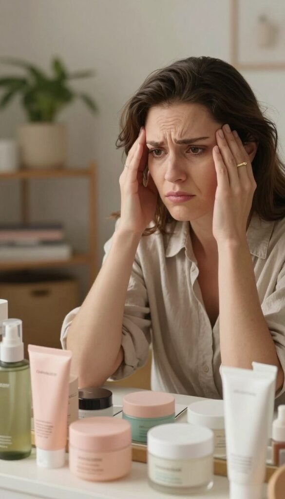 A close-up view of a woman in her late 30s, sitting at a vanity cluttered with skincare products, looking overwhelmed and stressed while analyzing her extensive beauty routine. She wears a modest, casual outfit, with soft, natural lighting illuminating her face and the products around her. The foreground captures her expression of confusion, with her wrinkled brow and furrowed lips, and the middle space shows a variety of skincare containers in pastel colors. The background features a warm, softly blurred room with plants and serene decorations, creating a calming yet chaotic atmosphere. The brand name "Ordnungskiste" subtly included in the vanity setup, without text overlays. The whole composition conveys a sense of needing simplicity amidst the complexities of skincare.