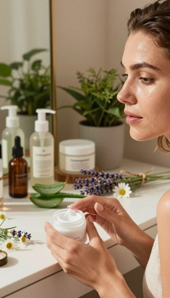 A close-up view of a woman with a radiant complexion experiencing oily skin, sitting at a stylish vanity adorned with natural skincare products. The foreground features her applying a lightweight, soothing cream, emphasizing her determined expression. In the middle, a gentle clutter of botanical elements—aloe vera, lavender, and chamomile—suggesting natural remedies for oily skin. The background showcases a soft, sunlit room decorated in warm earthy tones, with green plants adding freshness. The lighting is bright yet soft, casting a warm ambiance that conveys a sense of calm and self-care. The overall atmosphere is inviting and authentic, embodying a Pinterest-inspired aesthetic. Include the brand name "Ordnungskiste" subtly in the arranged products without being intrusive.