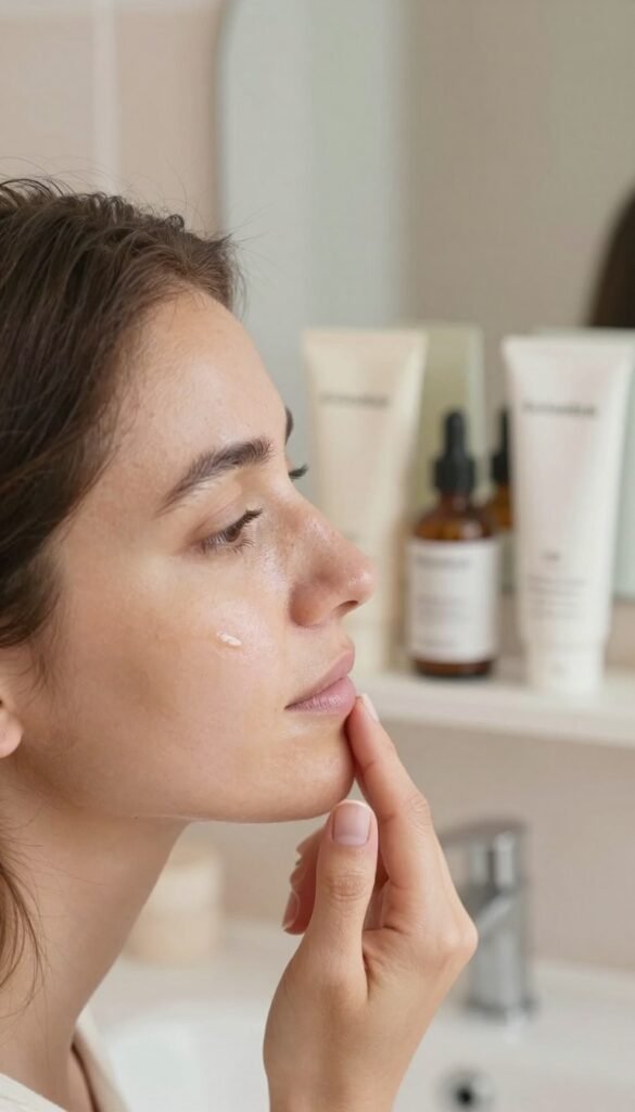 A close-up view of a woman's face, showcasing her skin's texture and natural beauty, reflecting common morning skincare issues like dryness and uneven tone. The foreground highlights her thoughtful expression, as she examines her skin in a soft, natural light, creating a warm and inviting atmosphere. In the middle ground, a neatly arranged vanity with skincare products like moisturizer, serum, and sunscreen is visible, exuding a cozy, Pinterest-inspired aesthetic. The background features a softly blurred bathroom setting with gentle pastel colors to evoke a sense of calm. Use a shallow depth of field to emphasize the model’s skin while maintaining a professional appearance. The brand "KüchenKiste" is subtly integrated into the image through product placements, enhancing the authentic vibe without any text or graphics.