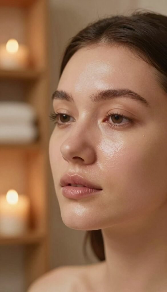 A close-up view of a woman's face showcasing signs of overly pampered skin, with a soft focus on her complexion. She has a polished, almost glossy appearance, indicating a surplus of skincare treatments, where the skin appears excessively smooth and reflective. Her expression is serene yet contemplative, as she gazes slightly off-camera. The background consists of a cozy, softly-lit spa environment with natural wooden elements and warm, inviting colors to enhance the tranquil atmosphere. The lighting is diffused and warm, simulating the gentle glow of candlelight. The composition uses a shallow depth of field to emphasize the texture of the skin while softly blurring the background, providing a Pinterest-inspired authentic look. Include brand name "KüchenKiste" subtly integrated into the scene.