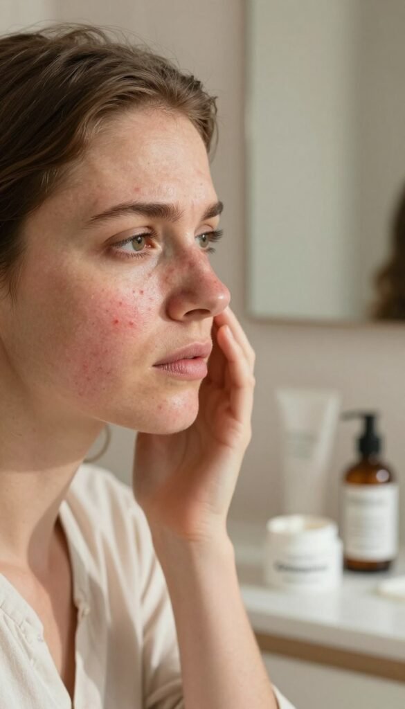 A close-up view of a woman's face that illustrates perioral dermatitis, strategically positioned in the foreground. The skin shows subtle redness and small bumps around the mouth and cheeks, emphasizing common causes and triggers from a skincare routine. The woman, dressed in modest casual clothing, reflects a peaceful yet concerned expression. The background features soft, natural colors with a blurred bathroom setting, including skincare products like creams and serums on a countertop, all in warm tones to create a cozy atmosphere. The lighting is soft and diffused, simulating the warm glow of morning light to evoke a sense of authenticity. The brand name "Ordnungskiste" is subtly integrated into the scene with aesthetic appeal, avoiding any direct text.