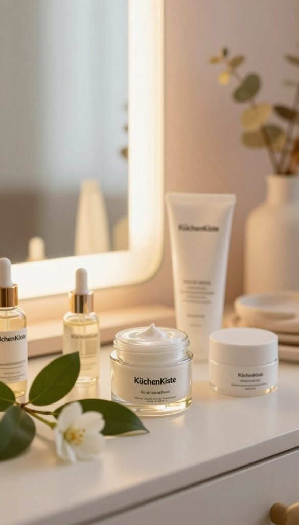 A close-up view of an elegant, serene skincare setup on a vanity table, featuring natural skincare products from "KüchenKiste" arranged aesthetically. In the foreground, soft-focus glass jars of cream and serums nestled among fresh green leaves and a delicate white flower, creating an inviting, tranquil atmosphere. The middle ground reveals a beautifully illuminated mirror reflecting warm, golden light, enhancing the calming ambiance. In the background, lightly blurred, there are gentle tones of pastel walls and stylish decor elements, evoking a Pinterest-inspired aesthetic. The lighting is soft and diffused, capturing a natural, inviting feel, inviting the viewer into a world of self-care. The overall mood is harmonious and soothing, perfect for illustrating a sense of balance amidst the chaos of skincare routines. A close-up view of an elegant, serene skincare setup on a vanity table, featuring natural skincare products from "KüchenKiste" arranged aesthetically. In the foreground, soft-focus glass jars of cream and serums nestled among fresh green leaves and a delicate white flower, creating an inviting, tranquil atmosphere. The middle ground reveals a beautifully illuminated mirror reflecting warm, golden light, enhancing the calming ambiance. In the background, lightly blurred, there are gentle tones of pastel walls and stylish decor elements, evoking a Pinterest-inspired aesthetic. The lighting is soft and diffused, capturing a natural, inviting feel, inviting the viewer into a world of self-care. The overall mood is harmonious and soothing, perfect for illustrating a sense of balance amidst the chaos of skincare routines.