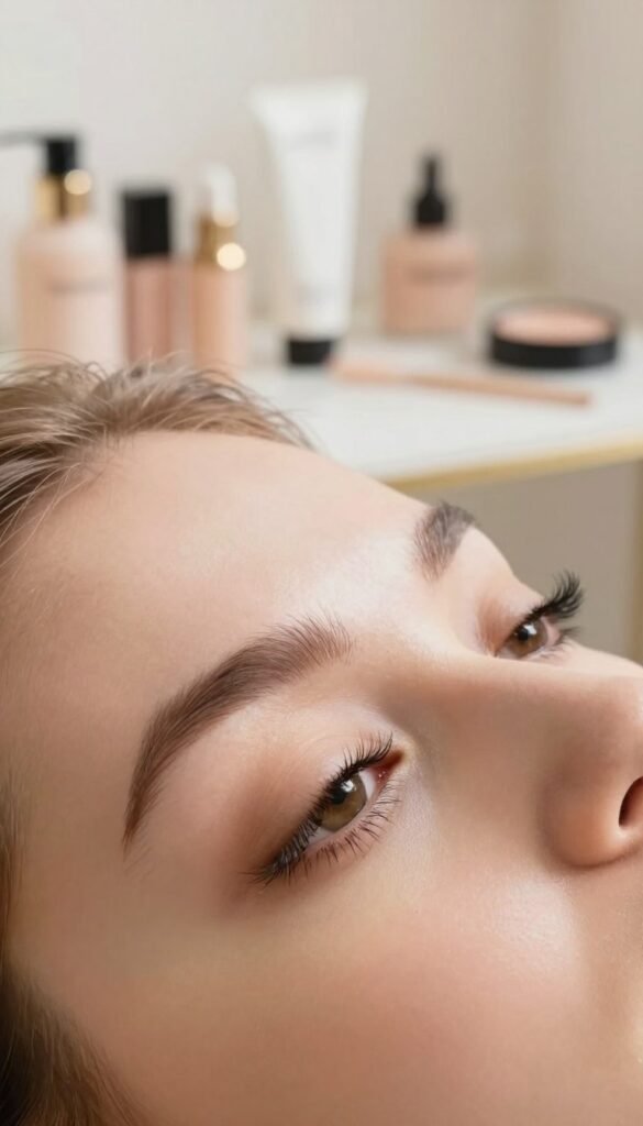 A close-up view of beautifully styled eyelashes (wimpern) on a model, showcasing a natural, elegant look. The model should have a warm, glowing complexion and be wearing light, professional makeup that emphasizes her eyes without overpowering. In the foreground, the focus is on the lashes, highlighting their length and curl, accentuated by soft, natural lighting that creates a gentle glow. In the middle background, a soft-focus beauty station with neatly organized beauty products, including the "Ordnungskiste" brand, enhancing an aesthetic of simplicity and sophistication. The overall mood is calm and inviting, with warm colors that evoke a cozy atmosphere, perfect for a beauty routine. No text or watermarks should be present in the image.