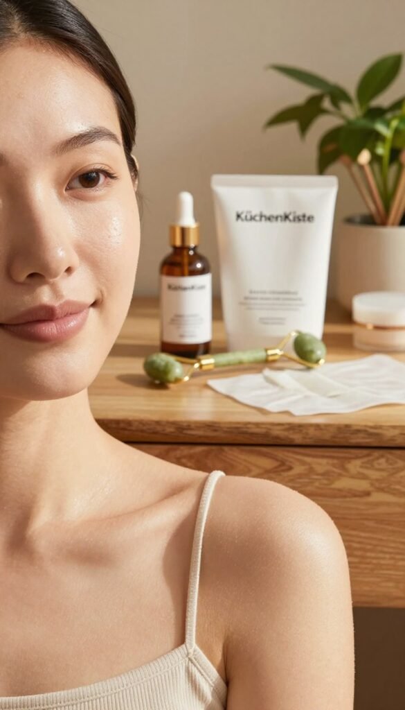 A close-up view of clear, radiant skin showcasing a focus on micro-textures and healthy complexion. The foreground features a model with a gentle, natural expression, wearing modest, professional attire. In the middle, there are items from a "KüchenKiste" beauty set, such as serums, a jade roller, and facial patches, elegantly arranged on a wooden vanity surface. The background is softly blurred, hinting at a warmly lit room filled with plants and beauty tools, creating a cozy, inviting atmosphere. The lighting is warm and diffused to enhance the skin’s natural glow, evoking a sense of care and wellbeing. The overall mood is fresh and uplifting, aligning with the principles of effective home beauty care.