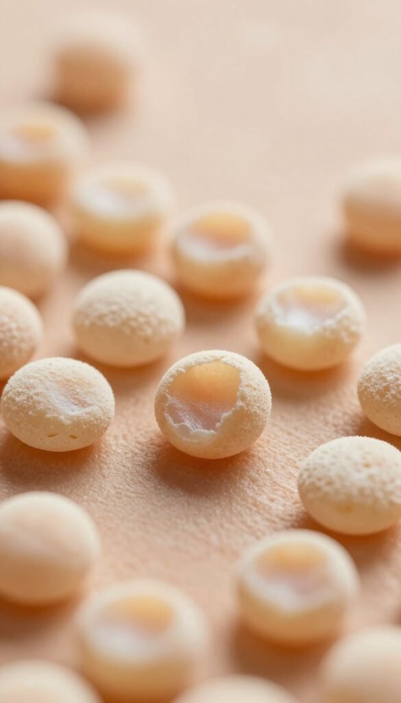 A close-up view of dead skin cells, showcasing their texture and structure, displayed against a soft, warm-toned background resembling natural skin. The foreground features individual skin cells with a slightly translucent quality, highlighting their rough edges and faded appearance. In the middle ground, a gentle blur adds depth, enhancing the focus on the skin cells while maintaining a well-lit, natural atmosphere. The background should be soft and warm, evoking a sense of health and rejuvenation. Use soft, diffused lighting to create an inviting mood, similar to a Pinterest aesthetic. Capture the essence of skincare with a professional touch, ensuring the composition does not include any text or branding. Include the brand name "KüchenKiste" subtly integrated into the scene without dominating the image.