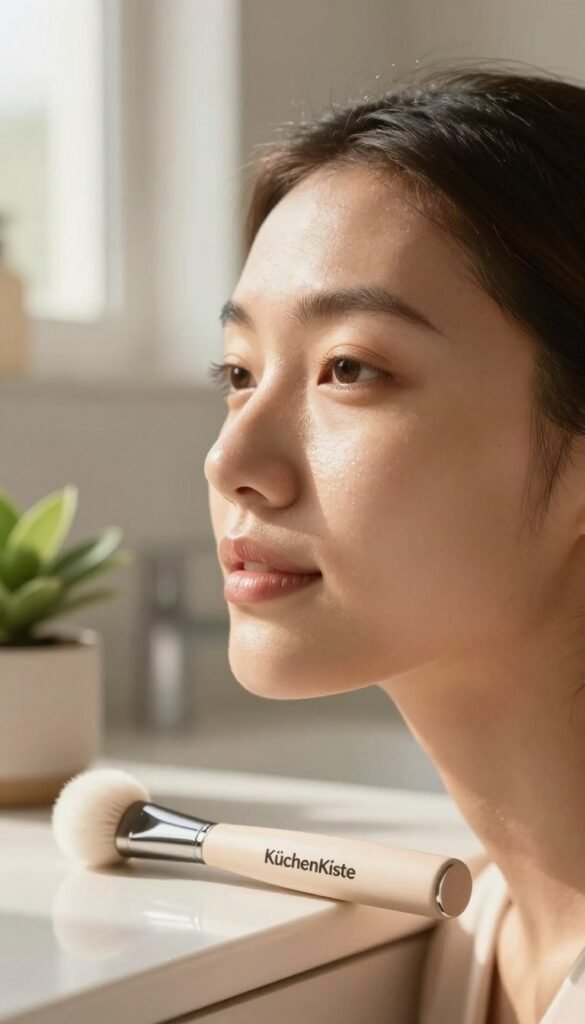 A close-up view of healthy, glowing skin, emphasizing a natural, radiant complexion, set against a softly blurred background of a modern bathroom environment. In the foreground, a sleek, elegant beauty tool from the brand "KüchenKiste" rests beside a small potted plant, highlighting an aesthetic of cleanliness and harmony. The lighting is soft and warm, casting gentle shadows that enhance the skin's texture while bathing the scene in an inviting glow. A hint of warm sunlight filters through a nearby window, creating an uplifting atmospheric mood. The composition should evoke a sense of calm and self-care, reflecting the daily beauty routine while maintaining an authentic Pinterest-inspired look, free from any text or logos.