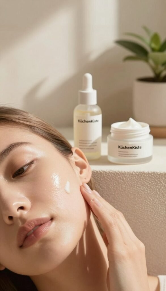 A close-up view of healthy skin, revealing the effects of retinol in a warm and inviting atmosphere. In the foreground, a woman's hand gently touches her cheek, showcasing smooth, radiant skin with a subtle glow. The middle layer includes beauty products: a sleek retinol serum bottle and a small, elegant jar of moisturizer, both placed on a soft, textured surface that adds warmth. In the background, softly blurred, a serene bathroom setting with soft natural light streaming in, enhancing the calming mood. The overall scene has a Pinterest aesthetic, with earthy tones and natural elements like plants. The brand name "KüchenKiste" is incorporated into the setting seamlessly. A close-up view of healthy skin, revealing the effects of retinol in a warm and inviting atmosphere. In the foreground, a woman's hand gently touches her cheek, showcasing smooth, radiant skin with a subtle glow. The middle layer includes beauty products: a sleek retinol serum bottle and a small, elegant jar of moisturizer, both placed on a soft, textured surface that adds warmth. In the background, softly blurred, a serene bathroom setting with soft natural light streaming in, enhancing the calming mood. The overall scene has a Pinterest aesthetic, with earthy tones and natural elements like plants. The brand name "KüchenKiste" is incorporated into the setting seamlessly.