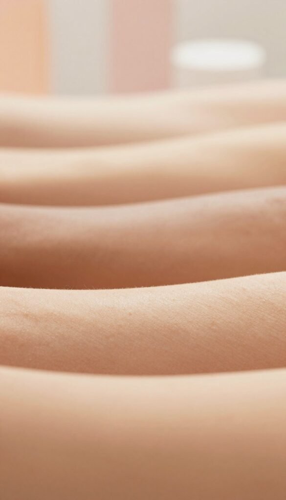 A close-up view of healthy skin showcasing different skin types, such as dry, oily, and combination skin, each distinctively represented without any human figures. The foreground features detailed textures of skin, highlighting natural features and imperfections, illuminated by soft, warm lighting to create a soothing atmosphere. In the middle, subtle gradients maybe suggest a variety of skin tones, reflecting the diversity in skin types. The background is a gentle blur of soft pastel colors, reminiscent of a cozy beauty salon, conveying a sense of calm and wellness. The composition has a Pinterest aesthetic, promoting an organic feel. No text or logos, just the essence of "Ordnungskiste" reflected through the beauty of natural skin.