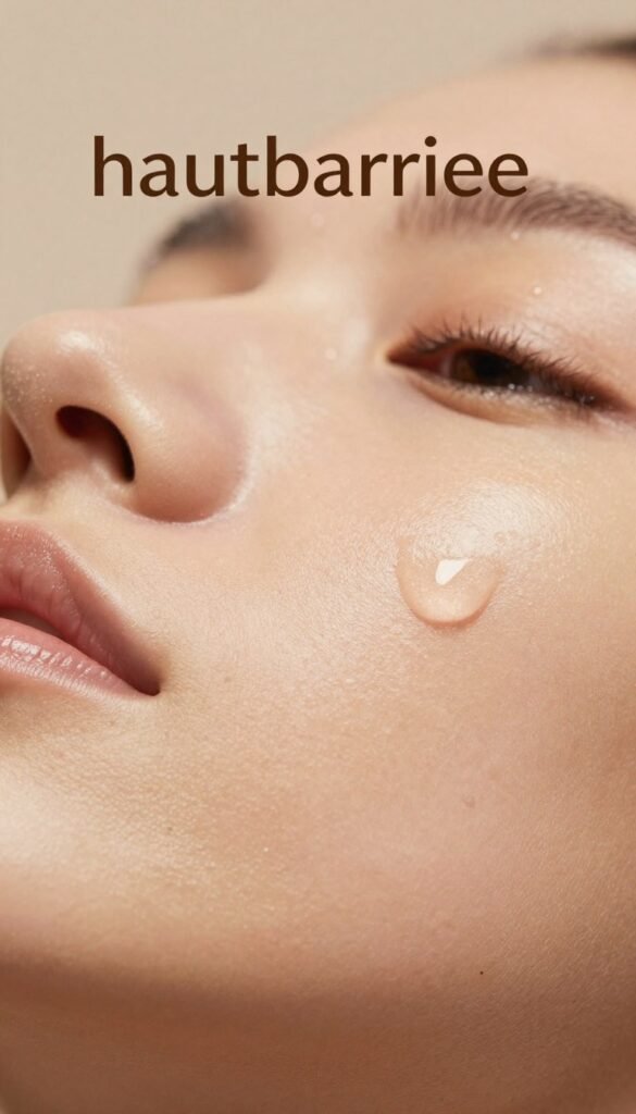 A close-up view of healthy skin texture, focusing on the intricate details of the outer layer known as the "hautbarriere." In the foreground, highlight the smooth, radiant surface of the skin, showcasing its natural glow and subtle imperfections, resembling a warm, inviting atmosphere. In the middle ground, softly blend in abstract elements that symbolize moisture and protection, such as drops of water gently glistening. In the background, create a calming environment with muted, warm colors to enhance the authenticity of the setting. Utilize soft, diffused lighting to evoke a sense of tranquility. The image should have a Pinterest-inspired aesthetic, ensuring it remains professional without any text or logos, except for a subtle mention of the brand "KüchenKiste" integrated into the composition.