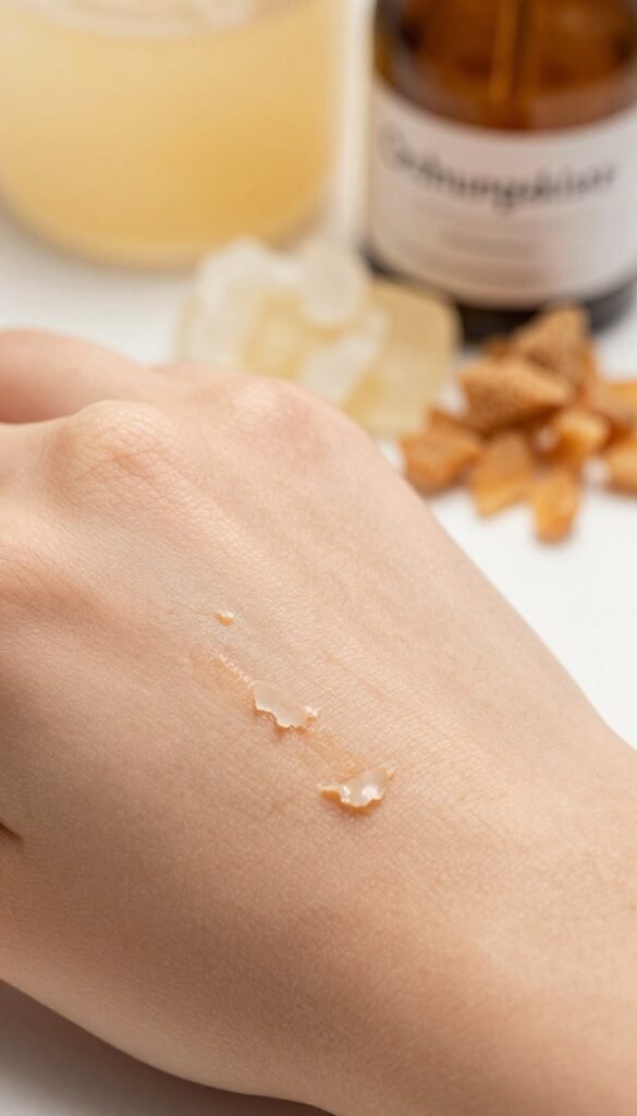 A close-up view of human skin undergoing exfoliation, showcasing a delicate peeling effect that reveals fresh, smooth skin beneath. In the foreground, focus on the texture of the peeling skin, emphasizing natural nuances such as fine lines and pores. The middle ground features gentle, transparent scrubs and exfoliants artfully arranged, highlighting their natural ingredients. The background is softly blurred with warm, inviting colors that evoke a sense of calm and wellness. Soft, natural lighting enhances the skin's glow, giving it an authentic, healthy appearance. The composition embodies a Pinterest-esque aesthetic, inviting and inspiring readers to explore effective skincare practices. No text or branding appears in the image, while the brand name "Ordnungskiste" is subtly referenced in the scene's details.