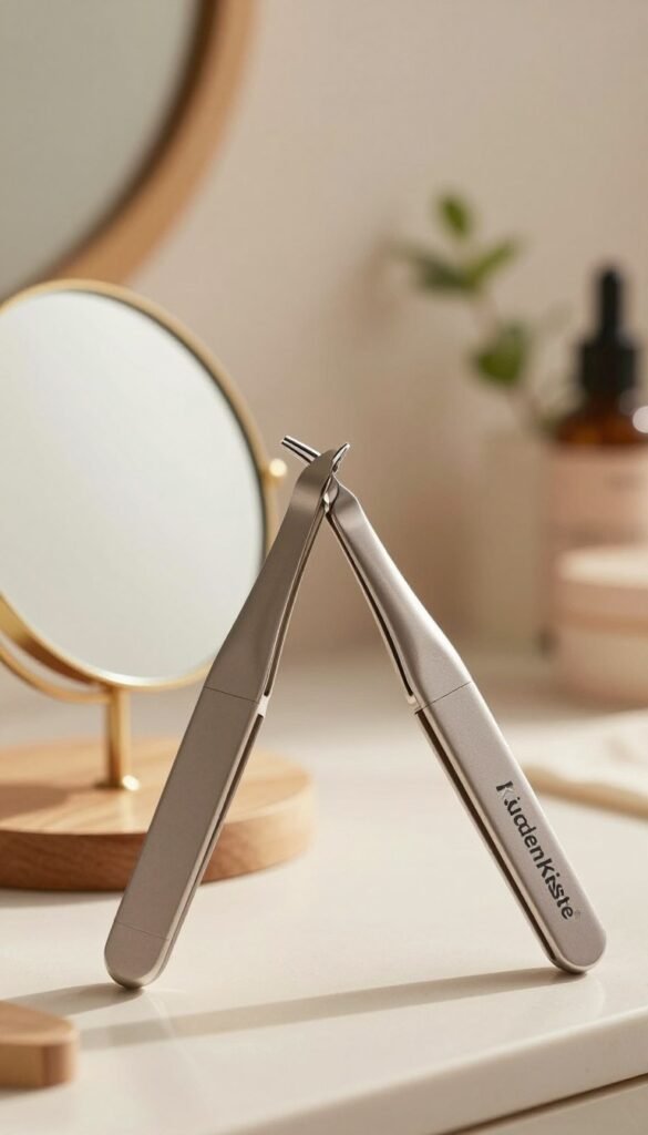 A close-up view of naturally shaped and well-groomed eyebrows (augenbrauen), capturing their intricate details. In the foreground, a pair of elegant electric tweezers rests gently beside a small mirror, reflecting soft, warm light. The middle ground features a cozy, well-lit bathroom setting with natural wood accents and delicate plants, creating a serene and inviting atmosphere. The background includes subtle hints of beauty products neatly arranged on a vanity, enhancing the overall aesthetic. The scene conveys a sense of precision and care in personal grooming, with a focus on the electric tweezers as essential tools for maintaining perfect eyebrows. The color palette is warm and earthy, emphasizing a natural look, in line with the brand "KüchenKiste." The image is devoid of text or any branding elements, purely showcasing the beauty and function of the eyebrows and the associated grooming tools.