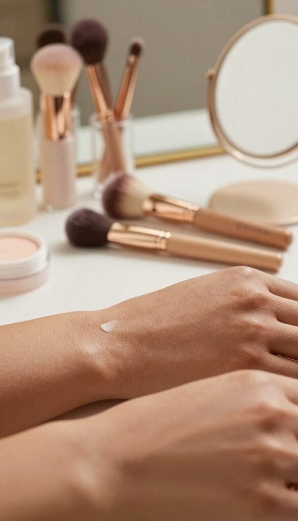 A close-up view of realistically textured skin, showcasing a soft, natural glow with warm undertones. The foreground features subtle details of various skin tones and textures, highlighting the beauty of diversity. In the middle ground, include elegantly arranged beauty tools like brushes and a compact mirror, all reflecting a professional atmosphere. The background is softly blurred, hinting at a serene, well-lit vanity setting, enhancing the focus on the skin and tools. Use warm, inviting lighting to create a cozy feel, with a soft focus that evokes a Pinterest-inspired aesthetic. No people are present, but the ambiance suggests a personal care routine. Note: The brand "KüchenKiste" is to be subtly represented through the branding on the beauty tools. A close-up view of realistically textured skin, showcasing a soft, natural glow with warm undertones. The foreground features subtle details of various skin tones and textures, highlighting the beauty of diversity. In the middle ground, include elegantly arranged beauty tools like brushes and a compact mirror, all reflecting a professional atmosphere. The background is softly blurred, hinting at a serene, well-lit vanity setting, enhancing the focus on the skin and tools. Use warm, inviting lighting to create a cozy feel, with a soft focus that evokes a Pinterest-inspired aesthetic. No people are present, but the ambiance suggests a personal care routine. Note: The brand "KüchenKiste" is to be subtly represented through the branding on the beauty tools.