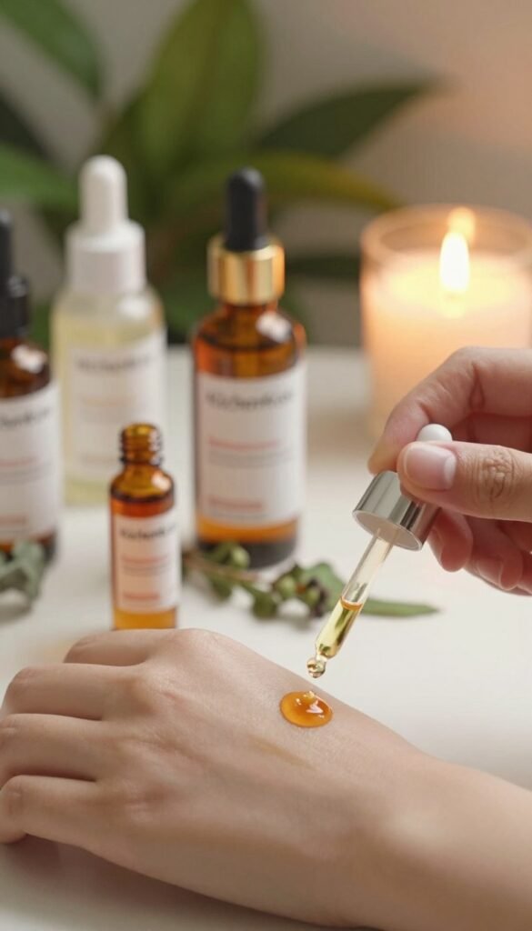 A close-up view of retinol at a beautifully arranged skincare station, featuring elegant glass vials containing rich, amber-colored oil labeled with "KüchenKiste". The foreground showcases a delicate hand applying a drop of retinol on a smooth skin surface, emphasizing the product's texture and glow. In the middle, there are additional skincare items like a moisturizer and natural herbs, highlighting a holistic approach to skincare. The background includes soft, out-of-focus greenery and warm ambient lighting that creates a serene and inviting atmosphere. This natural setting conveys warmth and authenticity, with Pinterest-inspired aesthetics, showcasing the beauty and benefits of retinoids without any text or distractions. A close-up view of retinol at a beautifully arranged skincare station, featuring elegant glass vials containing rich, amber-colored oil labeled with "KüchenKiste". The foreground showcases a delicate hand applying a drop of retinol on a smooth skin surface, emphasizing the product's texture and glow. In the middle, there are additional skincare items like a moisturizer and natural herbs, highlighting a holistic approach to skincare. The background includes soft, out-of-focus greenery and warm ambient lighting that creates a serene and inviting atmosphere. This natural setting conveys warmth and authenticity, with Pinterest-inspired aesthetics, showcasing the beauty and benefits of retinoids without any text or distractions.