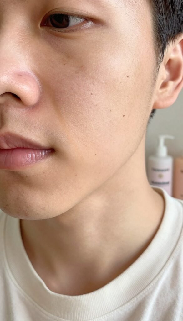 A close-up view of the T-zone area of a person's face, focusing on the skin texture and visible blackheads. The individual is wearing a soft, light-colored, modest casual shirt. The foreground captures the details of clogged pores and blackheads, emphasizing the contrast of clean skin versus the affected areas. In the middle ground, natural lighting gently highlights the skin's imperfections, enhancing the realism of the image. The background features a soft-focused, warm-toned aesthetic reminiscent of a Pinterest board, with subtle hints of skincare products in pastel colors, including the brand "Ordnungskiste." The overall mood is calming and informative, reflecting the challenges of dealing with stubborn blackheads and clogged pores in everyday life.