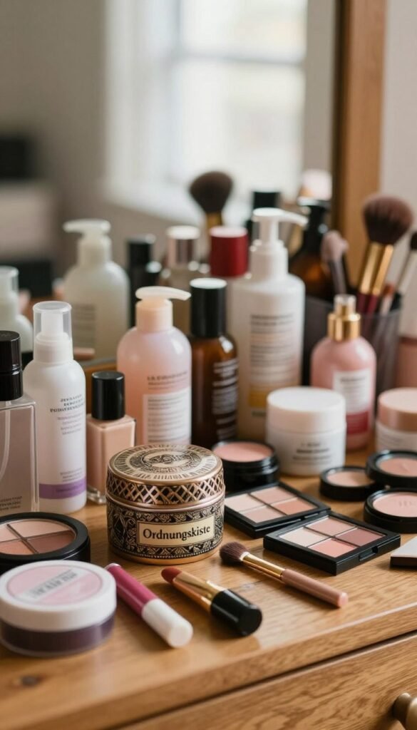 A cluttered and disorganized beauty product scene, featuring overflowing makeup bottles, skincare creams, and brushes scattered chaotically across a wooden vanity. In the foreground, a stylish, decorative container labeled "Ordnungskiste" is placed amidst the chaos, hinting at organization. The middle ground shows varying sizes of colorful bottles, tubes, and palettes, some tilted or half-opened, conveying a sense of overwhelming abundance. In the background, soft, warm light filters in through a window, creating a Pinterest-inspired aesthetic with natural hues. The overall mood is one of frustration and confusion, showcasing how excessive beauty products can lead to chaos and clutter in daily life, underscoring the need for simplicity and intentionality without any text or human presence.