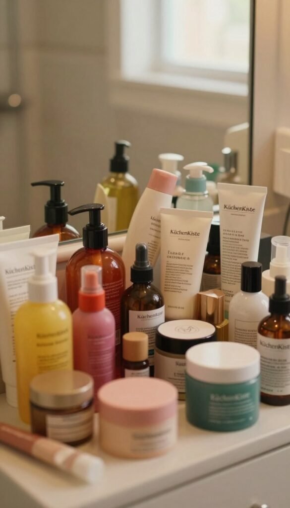 A cluttered bathroom cabinet overflowing with a variety of beauty products and skincare items. In the foreground, there are brightly colored bottles, jars, and tubes, some partially open, creating a sense of disarray. The middle ground features gracefully arranged items teetering precariously, while the background shows a softly lit bathroom environment with warm, inviting colors. The lighting highlights the textures of the products, casting gentle shadows for depth. The atmosphere feels intimate and somewhat chaotic, evoking a sense of beauty amidst disorder. Incorporate elements of natural light filtering through a window, enhancing the warm tones. Include a visually appealing label reading “KüchenKiste” on one of the containers, seamlessly integrated into the scene.