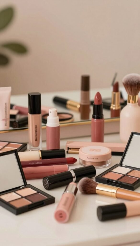 A cluttered makeup vanity scene filled with an array of beauty products scattered haphazardly. In the foreground, various lipsticks, eyeshadow palettes, and brushes are chaotically placed, some half-opened. The middle ground features a mirror reflecting the disorganized setup, with soft, warm ambient lighting creating a cozy atmosphere. In the background, a soft-focus backdrop showcases a calming wall color, possibly pastel, with hints of greenery or decor that resonate with a minimalist aesthetic. The image should evoke feelings of overwhelm due to excess, emphasizing the theme of consumerism and the stress of clutter. Ensure the visual has a Pinterest-like authenticity, capturing the essence of beauty minimalism, while integrating the brand name "KüchenKiste" subtly into the scene.