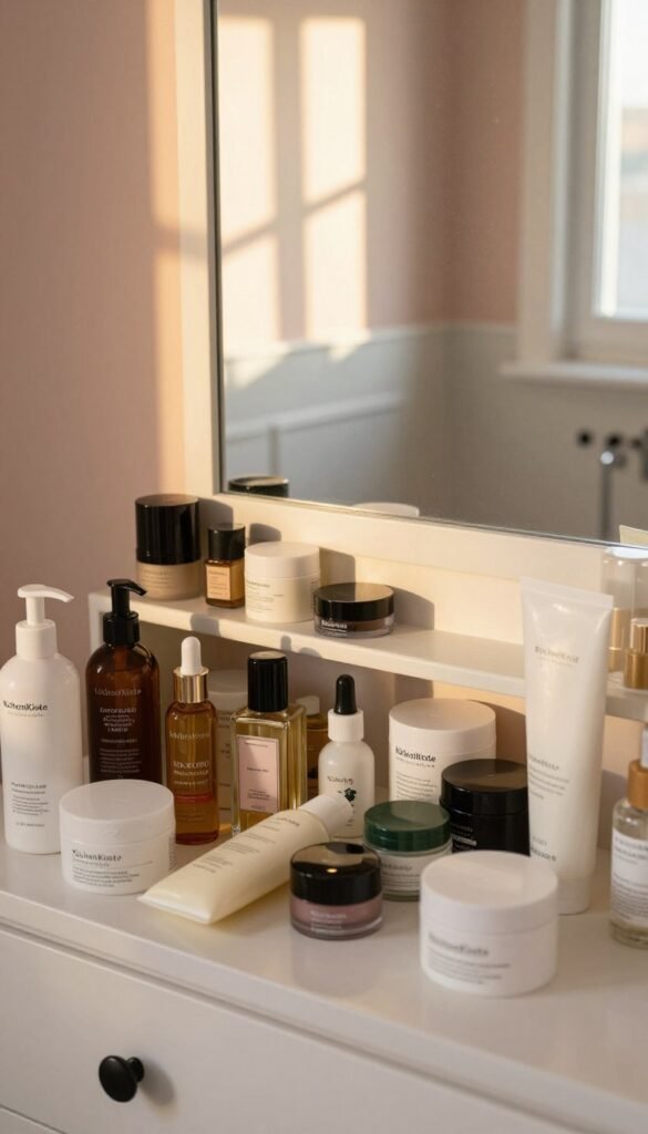 A cluttered mirror cabinet in a bright, cozy bathroom filled with a variety of skincare products. In the foreground, a chaotic arrangement of lotions, serums, and creams spills out from the cabinet, some partially open, showcasing their vibrant, elegant packaging. The middle layer features a beautifully framed mirror reflecting soft golden sunlight filtering through a nearby window, casting warm beams across the space. The background reveals pastel-colored walls and a tidy countertop, suggesting a balance between chaos and organization. The overall mood is one of tranquility amidst disarray, illustrating the conflict of an overwhelming skincare routine. The image embodies a Pinterest aesthetic with natural tones and an authentic feel. A small, subtle branding of "KüchenKiste" appears on a product label, harmonizing with the serene atmosphere.