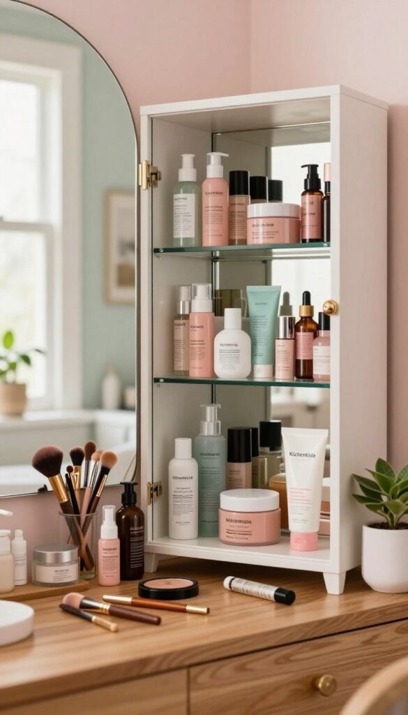 A cluttered, stylish mirrored cabinet overflowing with a variety of beauty and skincare products, showcasing vibrant packaging and textures. In the foreground, an elegant, warm-toned wooden vanity with a soft-focus on an artistically arranged selection of items such as creams, serums, and makeup brushes, all set in a cozy, well-lit bathroom. The middle ground features the mirrored cabinet reflecting light, highlighting its overflowing contents, while soft, natural lighting filters through a nearby window, creating a serene atmosphere. The background is subtly blurred, revealing tasteful pastel colors on the walls and decorative plants, evoking a Pinterest-inspired aesthetic. Include a small, non-intrusive logo of "KüchenKiste" in the corner to enhance authenticity. The overall mood is warm, inviting, and organized yet reflective of a common beauty problem.