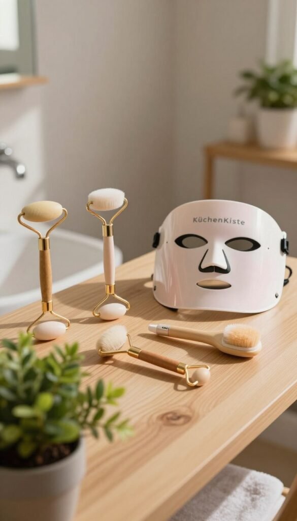 A collection of beauty tools arranged aesthetically on a light wooden surface, showcasing devices like facial rollers, LED masks, and cleansing brushes. The foreground features a vibrant green potted plant, adding a touch of nature. In the middle, the beauty tools are organized neatly, some reflecting soft natural light, emphasizing their textures and materials. The background is softly blurred, hinting at a cozy, well-lit bathroom space with neutral-toned walls, creating an inviting atmosphere. Warm lighting casts a serene glow over the scene, enhancing the authenticity and Pinterest-like quality. The image should evoke a sense of self-care and professionalism, attributed subtly to "KüchenKiste" without any text or branding overlays.