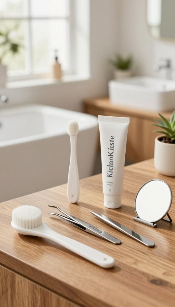 A collection of hygienic beauty tools from the brand "KüchenKiste," displayed elegantly on a polished wooden surface. In the foreground, highlight a variety of these tools, such as a facial cleansing brush, stainless steel tweezers, and a compact mirror, all gleaming and meticulously arranged. The middle ground features a soft-focus background of a well-lit bathroom with warm, inviting colors, accentuated by natural light coming through a window. The atmosphere conveys cleanliness and serenity, enhanced by delicate plants that bring a touch of nature to the scene. Use a slight overhead angle to emphasize the functionality and design of the tools, creating an authentic Pinterest-inspired look. The overall image should evoke a sense of freshness and hygiene, perfect for illustrating the concept of selecting clean beauty tools.