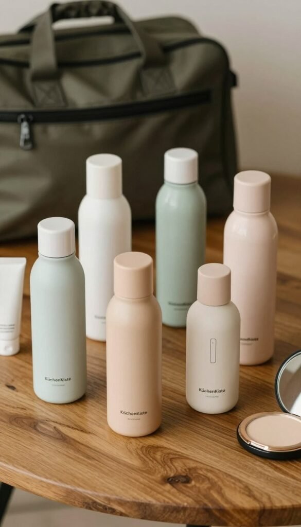 A collection of sleek, refillable travel bottles arranged aesthetically on a wooden table, showcasing various sizes and shapes, with a warm, inviting natural light illuminating their glossy surfaces. The bottles feature minimalistic designs, with soft pastel colors and elegant labels, emphasizing the eco-friendly concept. In the background, a blurred view of a stylish travel bag and a few beauty essentials, like a small compact mirror and a travel-sized skincare product, subtly hint at a busy yet organized traveler’s lifestyle. The overall atmosphere is calm and harmonious, evoking a sense of wanderlust and practicality, with the brand name "KüchenKiste" elegantly integrated into the scene. The composition reflects a Pinterest-worthy aesthetic, focusing on authenticity and warmth, without any text or logos visible.