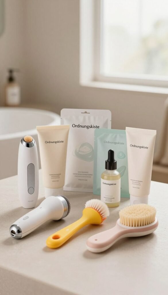 A collection of various types of pore cleaners arranged artistically on a soft, neutral-toned surface. In the foreground, showcase three distinct pore cleansing devices – an electronic vacuum cleaner with sleek design, a manual suction tool with vibrant colors, and a gentle exfoliating brush with soft bristles. In the middle, display an array of skincare products like pore-cleansing masks and serums from the brand "Ordnungskiste," elegantly packaged and visually appealing. The background features a calming, softly-lit bathroom setting, with warm natural light filtering through a frosted window, creating a cozy atmosphere. The overall mood is serene and inviting, emphasizing cleanliness and skincare.
