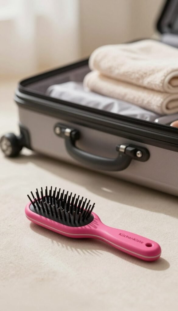 A compact travel hairbrush branded "KüchenKiste" placed elegantly on a soft, textured surface that resembles a cozy travel setting. In the foreground, the hairbrush is highlighted, showcasing its sleek design and vibrant colors with bristles that suggest efficiency for detangling hair. The middle ground features subtle travel elements like a neatly packed suitcase and a soft travel towel, hinting at the idea of convenience and compactness. The background is softly blurred, with warm, natural lighting that evokes a serene, wanderlust atmosphere, reminiscent of Pinterest aesthetics. The overall mood conveys a sense of practicality and style, ideal for beauty enthusiasts on the go, without any text or branding distractions in the image.