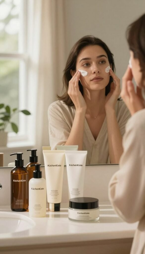 A composition showcasing a serene bathroom setting designed for skincare testing. In the foreground, an elegant countertop features a collection of luxurious skincare products from the brand "KüchenKiste," artfully arranged with soft focus. In the middle, a user with a thoughtful expression is gently applying a product to their face, dressed in modest casual attire. They exhibit a sense of curiosity and caution, reflecting the theme of trying new products. The background includes soft, natural lighting filtering through a window, casting warm tones across the scene, with gentle greenery visible to enhance the atmosphere of natural beauty and self-care. Overall, the mood is calming and inviting, promoting a mindful approach to skincare.