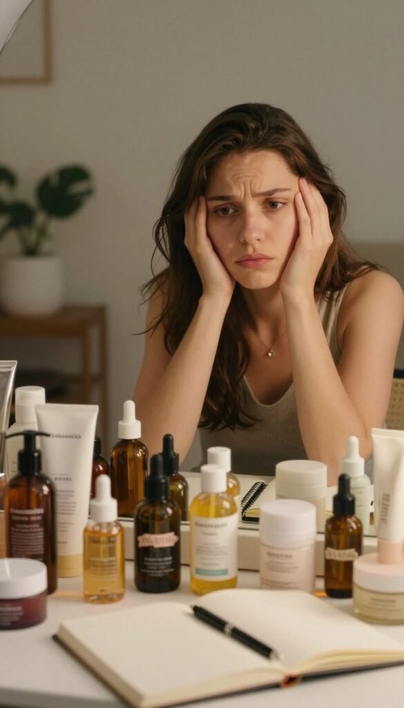 A concerned young woman with a thoughtful expression sits at a beautifully arranged vanity table cluttered with various skincare products and bottles, capturing the essence of overwhelming choices. Her attire is modest casual, reflecting a natural look. The foreground features a variety of colorful skincare products and an open notebook with a pen, symbolizing an attempt to manage her skincare routine. In the middle, the soft glow of warm lighting highlights her face, emphasizing her emotional struggle. The background shows a softly blurred mirror reflecting her pensive demeanor, creating an intimate atmosphere. The aesthetic is reminiscent of organic Pinterest styles, with a warm color palette that invokes a sense of authenticity. Include subtle branding elements of "Ordnungskiste" within the scene, ensuring they blend naturally into the composition.