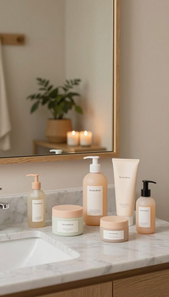 A cozy, aesthetically pleasing bathroom scene with natural lighting showcasing a well-organized beauty routine. In the foreground, a marble countertop is adorned with neatly arranged skincare products and hair care items, all labeled and in soft pastel colors. In the middle, a large mirror reflects a glimpse of a warm, inviting space with a potted plant and scented candles creating a serene atmosphere. The background features soft, natural textures like wood and light, neutral-colored walls. The overall mood is calm and harmonious, evoking a sense of routine and self-care. The brand name "KüchenKiste" subtly incorporated as part of the label design. Aim for warm color tones and artistic Pinterest-inspired styling, focusing on authenticity and serenity.