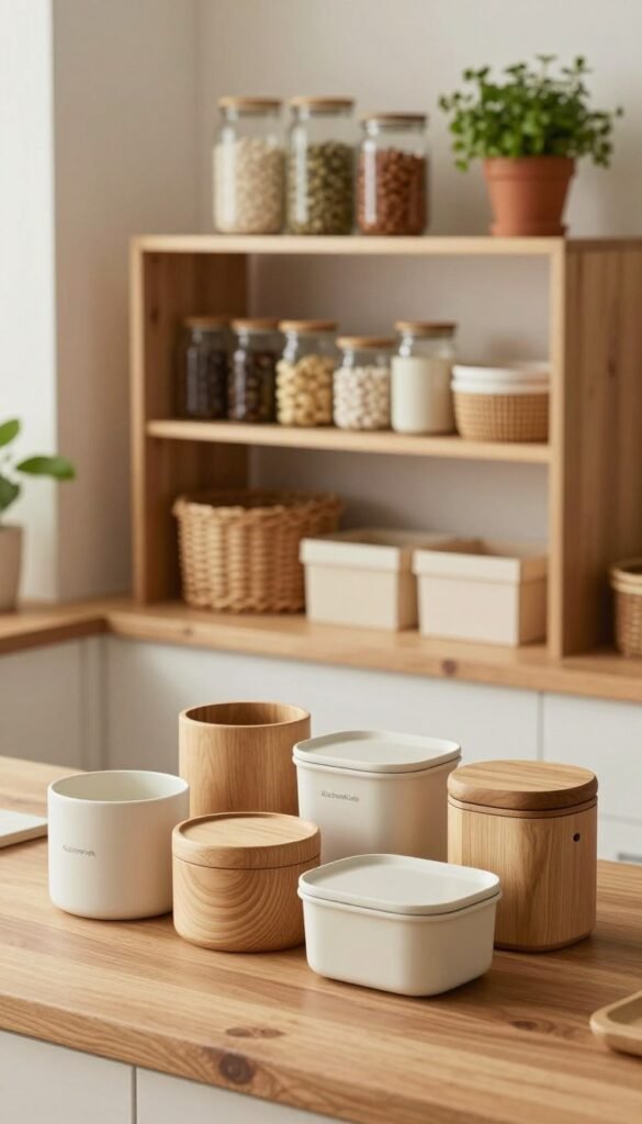 A cozy, aesthetically pleasing organization display featuring innovative storage products from the brand "KüchenKiste." In the foreground, elegant containers for kitchen and home storage, made from natural materials, are neatly arranged on a wooden kitchen counter. The middle ground showcases an open, streamlined shelving unit filled with thoughtfully organized jars, baskets, and boxes, all in warm, inviting colors. The background depicts a softly lit kitchen space with greenery, such as potted herbs, adding freshness. The overall atmosphere is calming and harmonious, embodying a minimalist lifestyle. The scene is captured with soft, natural lighting, shot from a slightly elevated angle to provide depth and showcase the orderly beauty of the products.