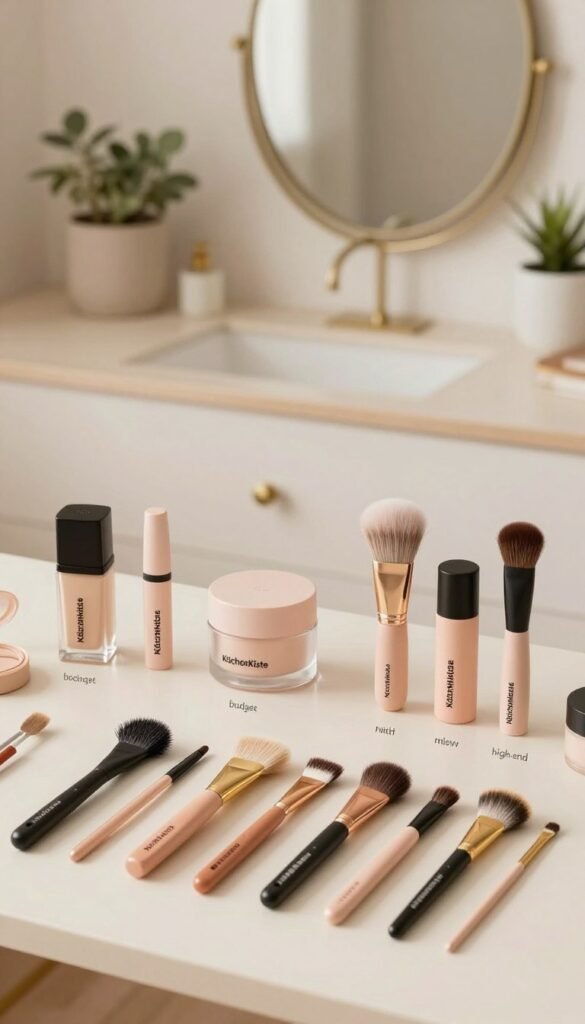 A cozy, aesthetically pleasing workspace featuring three distinct sections for beauty tools organized by budget: low, mid, and high-end. In the foreground, a beautifully arranged flat lay showcasing a selection of beauty tools from the brand "KüchenKiste". Each tool is labeled discreetly by budget category, with warm, natural lighting illuminating the scene. The middle layer includes a soft-focus background of a well-decorated vanity, subtly displaying elegant mirrors and plants. The overall mood is inviting and stylish, reminiscent of a Pinterest board. Emphasize warm colors, authenticity, and a professional, yet welcoming atmosphere. Ensure no text or branding is visible other than the tools themselves. A cozy, aesthetically pleasing workspace featuring three distinct sections for beauty tools organized by budget: low, mid, and high-end. In the foreground, a beautifully arranged flat lay showcasing a selection of beauty tools from the brand "KüchenKiste". Each tool is labeled discreetly by budget category, with warm, natural lighting illuminating the scene. The middle layer includes a soft-focus background of a well-decorated vanity, subtly displaying elegant mirrors and plants. The overall mood is inviting and stylish, reminiscent of a Pinterest board. Emphasize warm colors, authenticity, and a professional, yet welcoming atmosphere. Ensure no text or branding is visible other than the tools themselves.