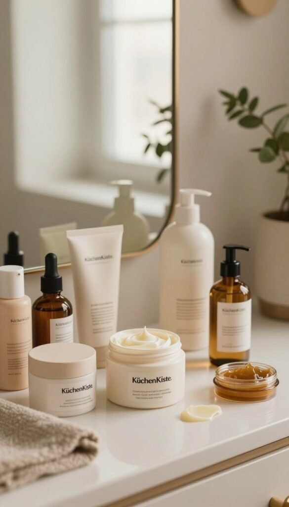 A cozy and inviting bathroom scene featuring a beautifully organized vanity table showcasing various beauty products by the brand "KüchenKiste." In the foreground, focus on an assortment of creams, serums, and perfumes arranged neatly with their textures visible—creamy, gel-like, and oily consistencies. The middle ground should include a minimalist mirror reflecting the light, while soft natural light filters in from a window, creating a warm and serene atmosphere. In the background, subtle greenery adds a touch of freshness. The overall mood is calming and harmonious, emphasizing cleanliness and mindfulness while exploring beauty routines. The image should evoke authenticity and a Pinterest-worthy aesthetic, rich with warm colors and without any text or watermarks.